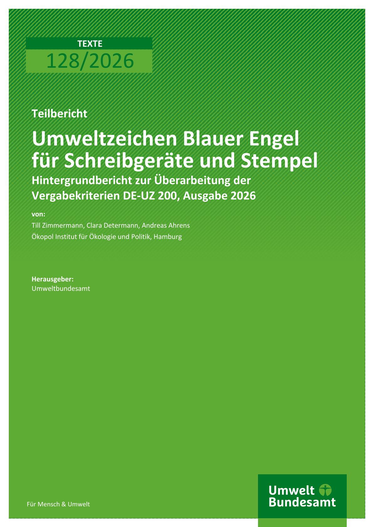 Cover Umweltzeichen Blauer Engel für Schreibgeräte und Stempel