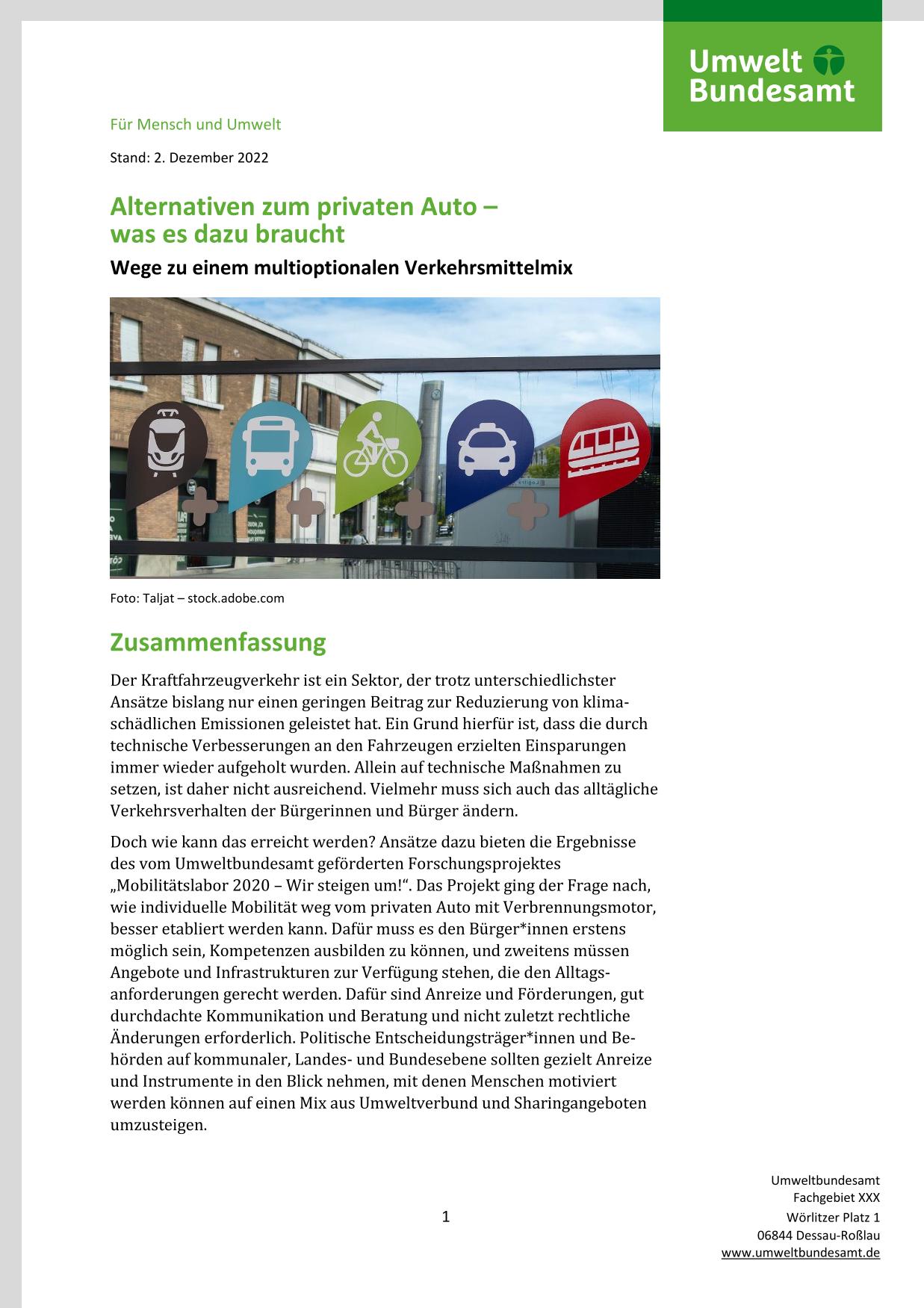 Erste Seite - Alternativen zum privaten Auto – was es dazu braucht Erste Seite vom Factsheet "Alternativen zum privaten Auto – was es dazu braucht"