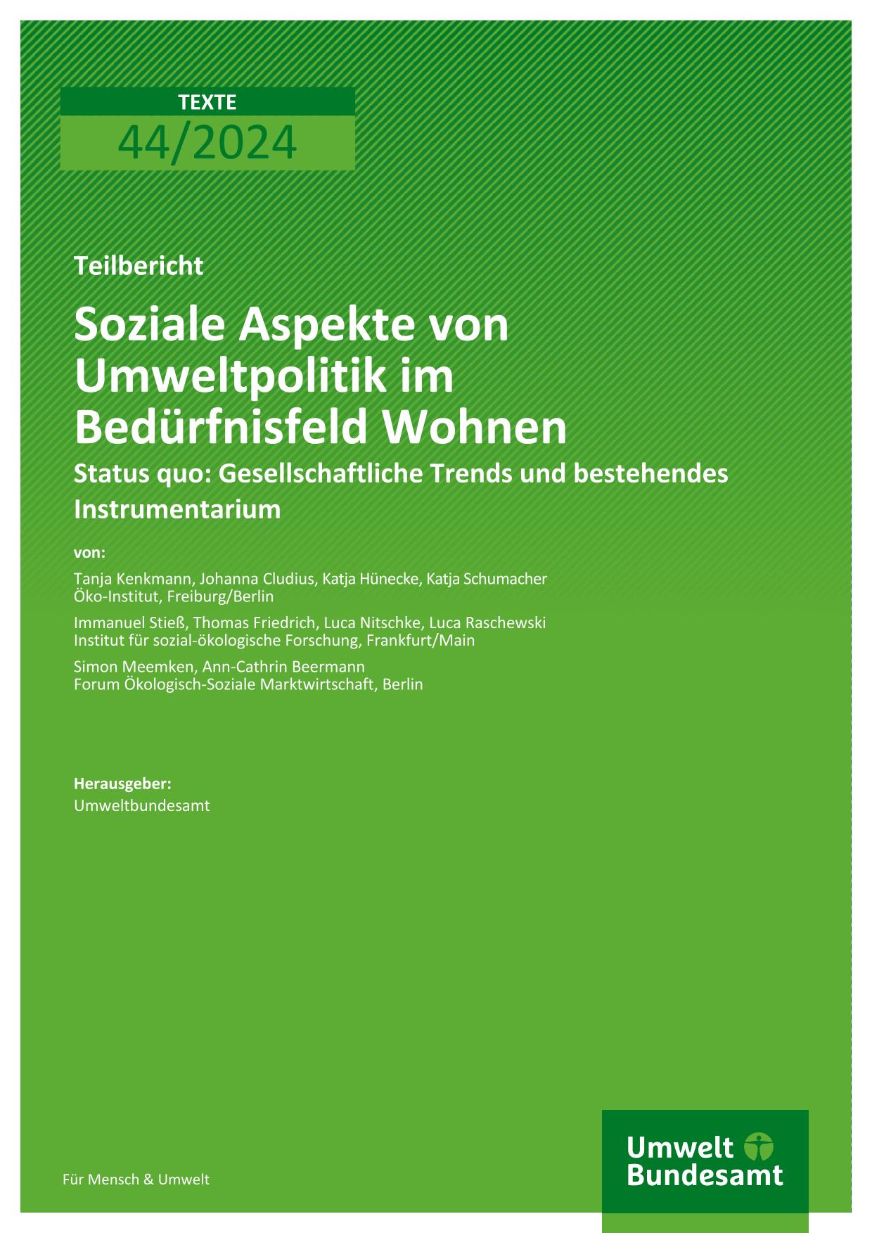 Cover Soziale Aspekte von Umweltpolitik im Bedürfnisfeld Wohnen Cover Soziale Aspekte von Umweltpolitik im Bedürfnisfeld Wohnen