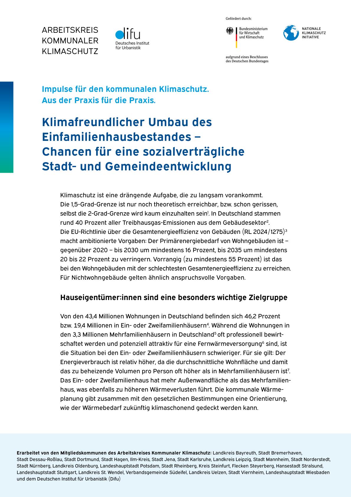 Cover Klimafreundlicher Umbau des Einfamilienhausbestandes – Chancen für eine sozialverträgliche Stadt- und Gemeindeentwicklung
