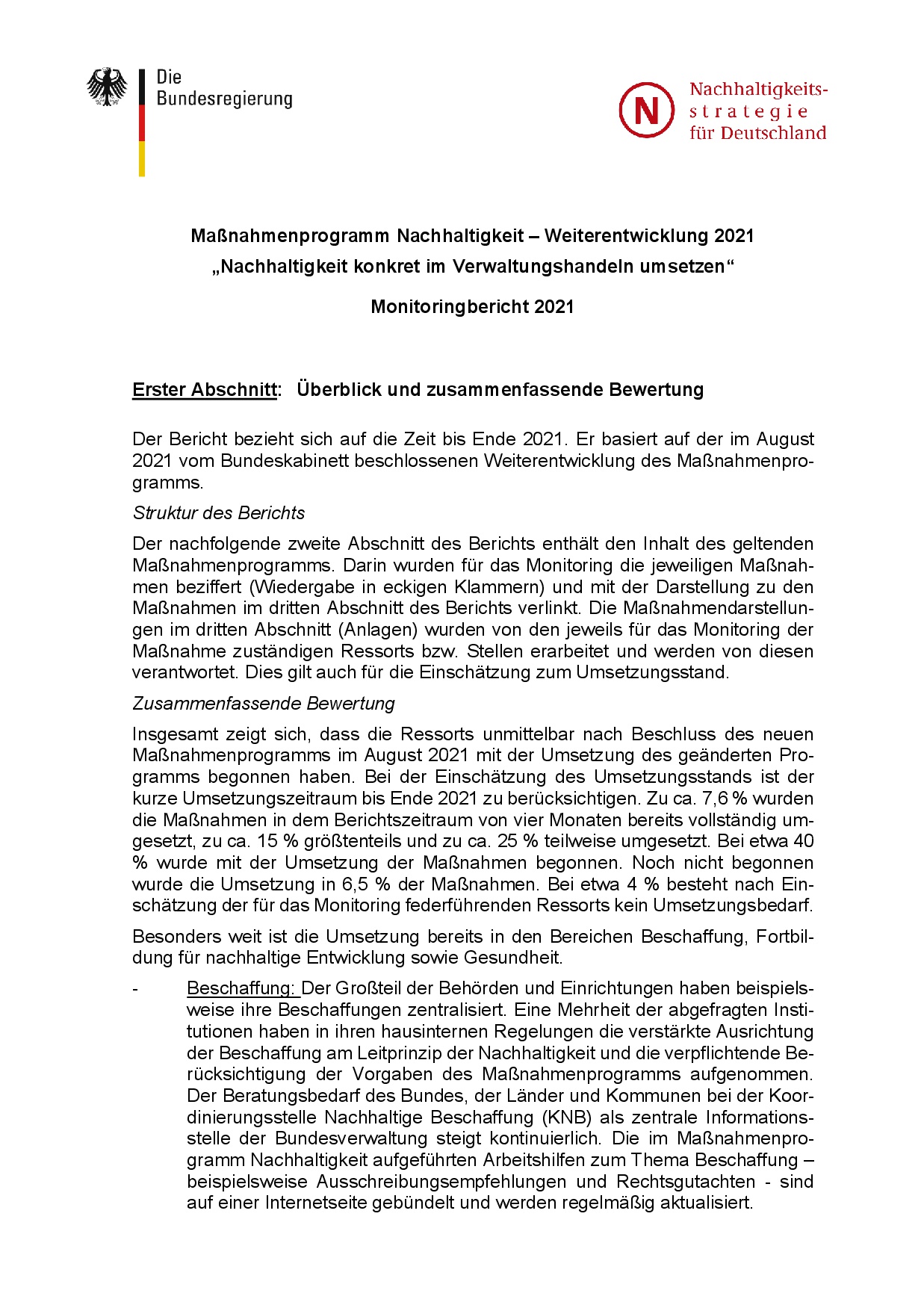 Nachhaltigkeit konkret im Verwaltungshandeln umsetzen | Monitoringbericht 2021 Nachhaltigkeit konkret im Verwaltungshandeln umsetzen | Monitoringbericht 2021