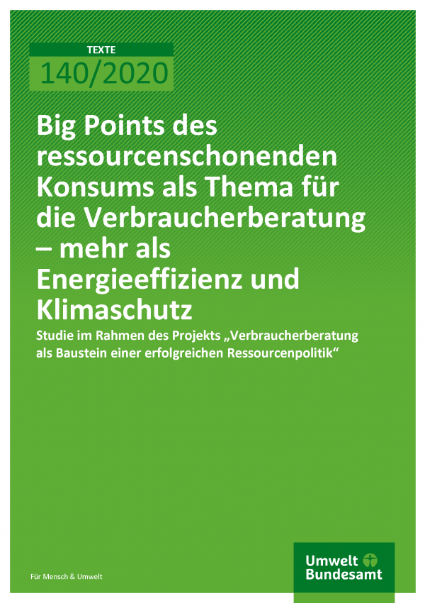 Cover "Big Points des ressourcenschonenden Konsums als Thema für die Verbraucherberatung – mehr als Energieeffizienz und Klimaschutz" Studie "Big Points des ressourcenschonenden Konsums als Thema für die Verbraucherberatung – mehr als Energieeffizienz und Klimaschutz"