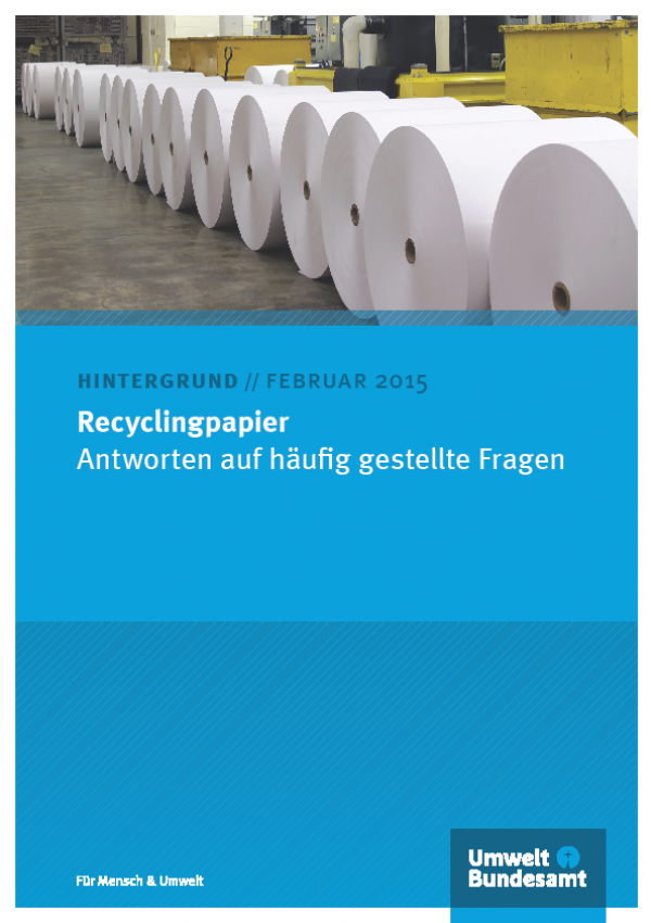 Das Cover zu den FAQ Recyclingpapier zeigt Rollen von Papier, die nebeneinander aufgereiht sind.