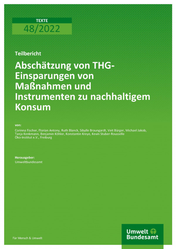 Bericht: Abschätzung von THG-Einsparungen von Maßnahmen und Instrumenten zu nachhaltigem Konsum Das Bild zeigt das grüne Cover mit weißer Schrift zum Bericht: Abschätzung von THG-Einsparungen von Maßnahmen und Instrumenten zu nachhaltigem Konsum.