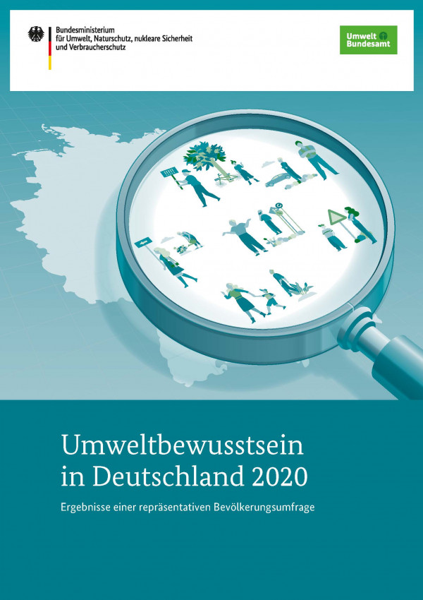 Studie: Umweltbewusstsein in Deutschland 2020 Das Bild zeigt das Cover der Umweltbewusstseinsstudie 2020. Zu sehen ist eine Lupe, die über eine Deutschlandkarte gehalten wird.