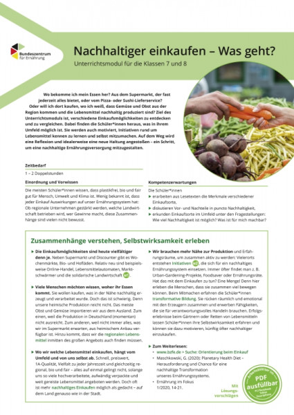 Unterrichtsmodul Nachhaltiger Einkaufen BLE Cover des Unterrichtsmoduls Nachhaltiger Einkaufen der Bundesanstalt für Landwirtschaft und Ernährung