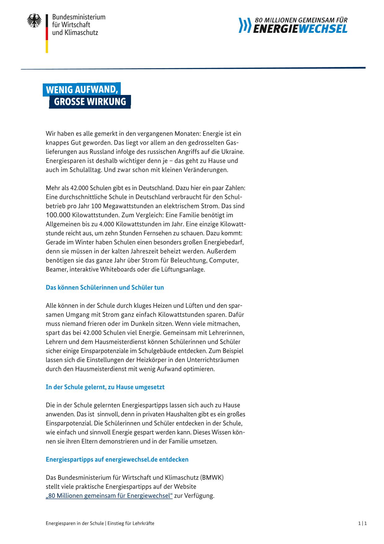 Cover Factsheet Schulen Energie sparen Cover Factsheet Schulen Energie sparen