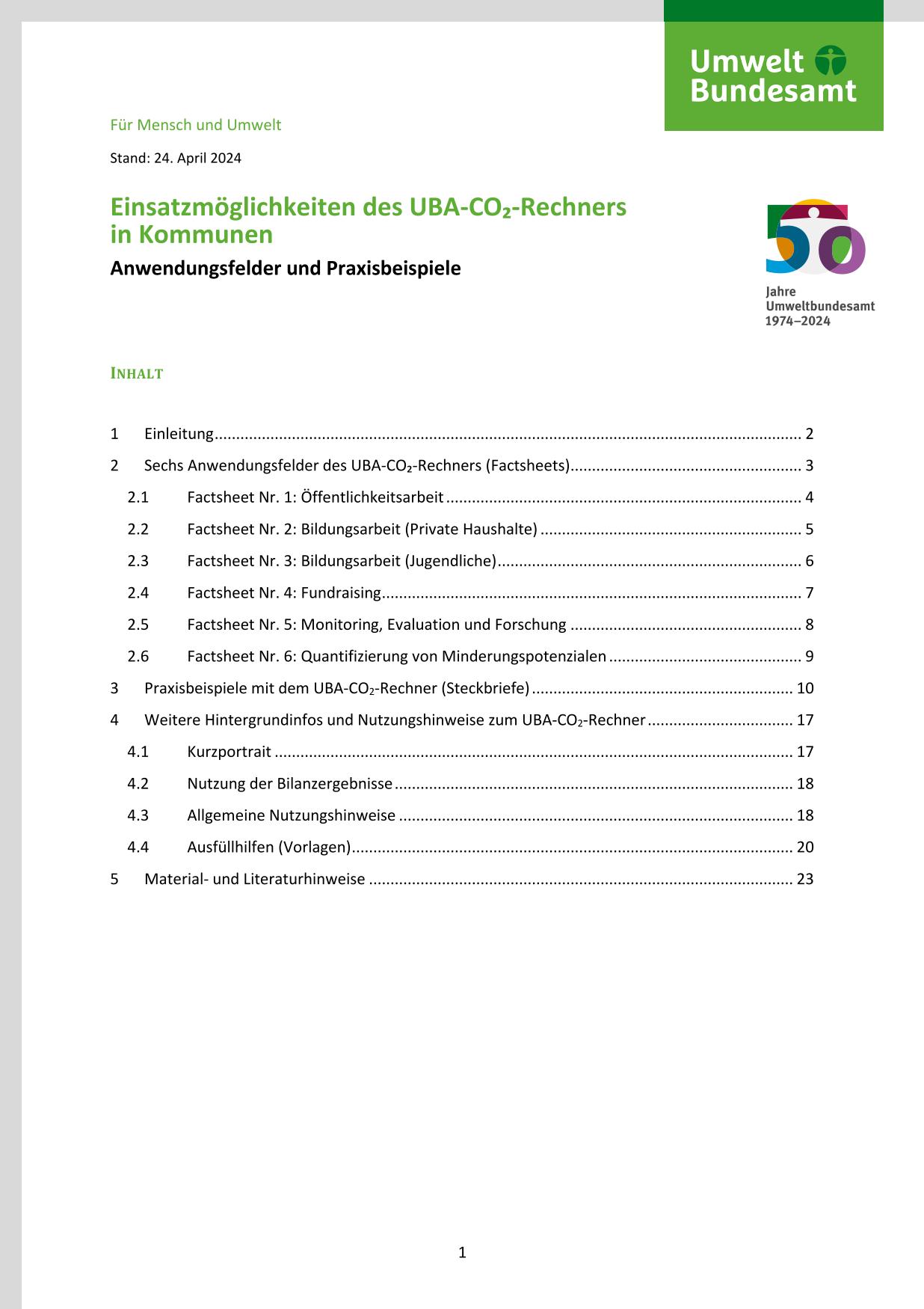 1. Seite von "Einsatzmöglichkeiten des UBA-CO2-Rechners in Kommunen" 1. Seite von "Einsatzmöglichkeiten des UBA-CO2-Rechners in Kommunen"