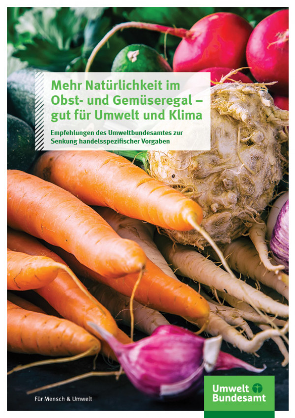 Broschüre: Mehr Natürlichkeit im Obst- und Gemüseregal – gut für Umwelt und Klima Das Cover der Veröffentlichung: Mehr Natürlichkeit im Obst- und Gemüseregal – gut für Umwelt und Klima zeigt verschiedene Gemüsesorten.