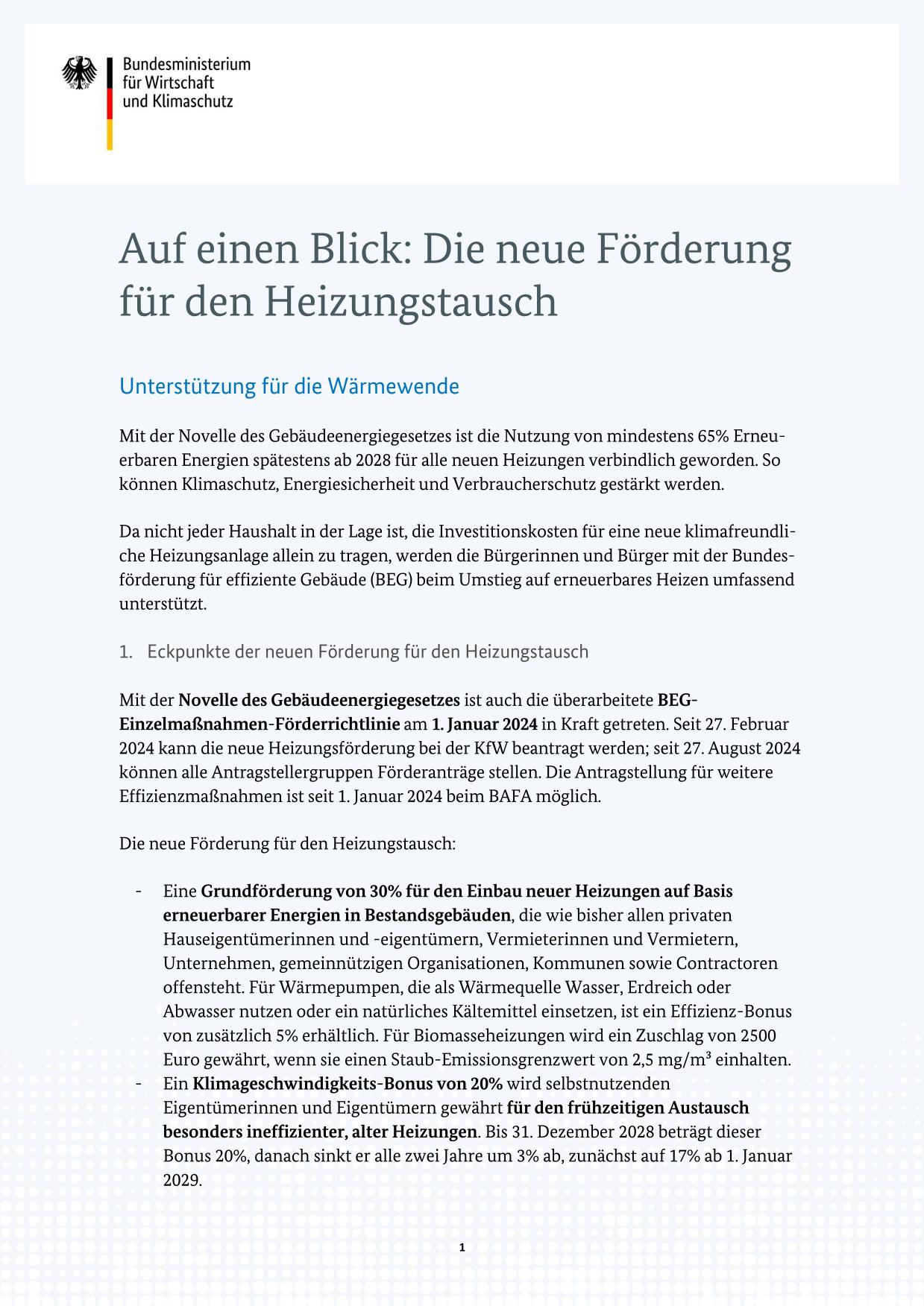 Erste Seite: Auf einen Blick: Die neue Förderung für den Heizungstausch Erste Seite: Auf einen Blick: Die neue Förderung für den Heizungstausch
