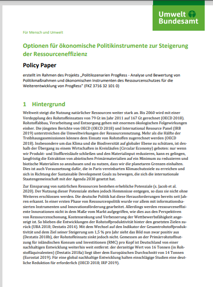 Policy Paper: Optionen für ökonomische Politikinstrumente zur Steigerung der Ressourceneffizienz Bild: Optionen für ökonomische Politikinstrumente zur Steigerung der Ressourceneffizienz