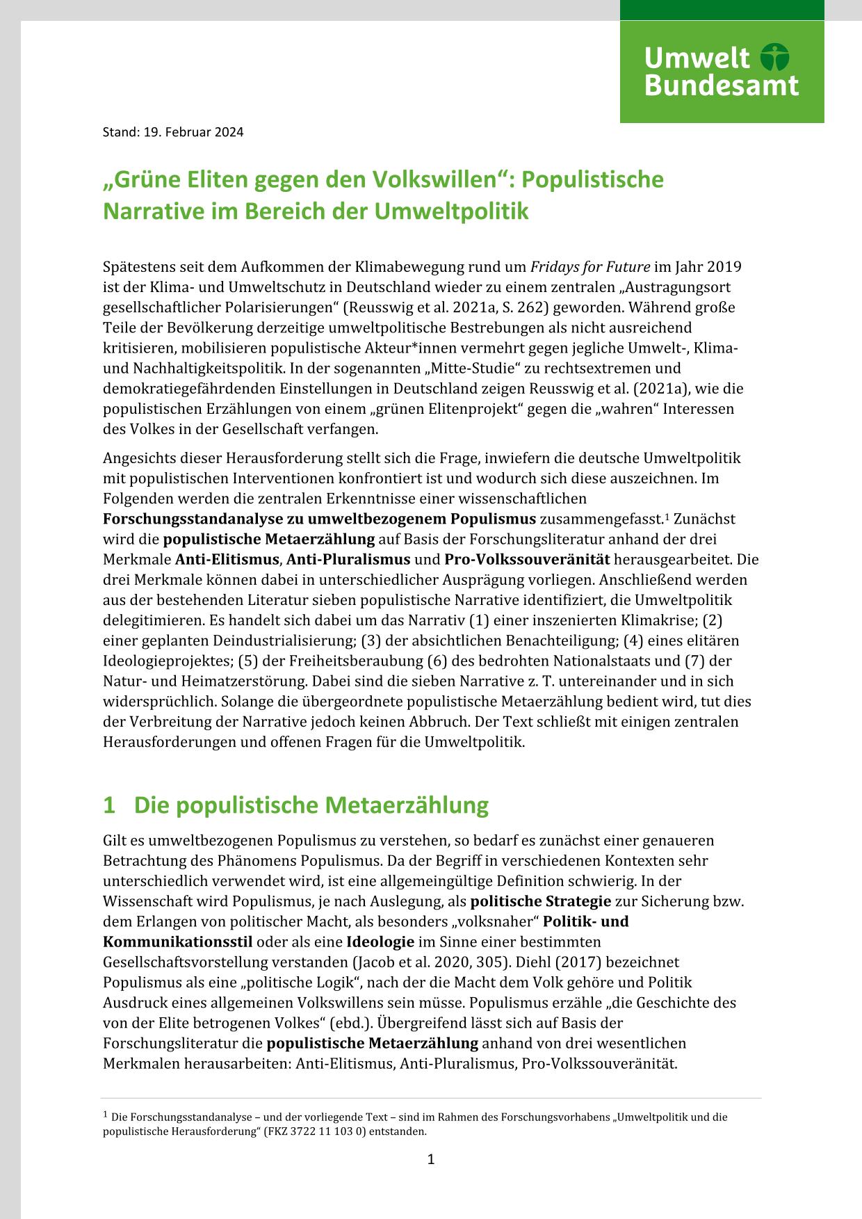 Seite 1: „Grüne Eliten gegen den Volkswillen“: Populistische Narrative im Bereich der Umweltpolitik Seite 1: „Grüne Eliten gegen den Volkswillen“: Populistische Narrative im Bereich der Umweltpolitik