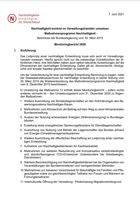 Nachhaltigkeit konkret im Verwaltungshandeln umsetzen - Maßnahmenprogramm Nachhaltigkeit - Monitoringbericht 2020 Nachhaltigkeit konkret im Verwaltungshandeln umsetzen - Maßnahmenprogramm Nachhaltigkeit - Monitoringbericht 2020