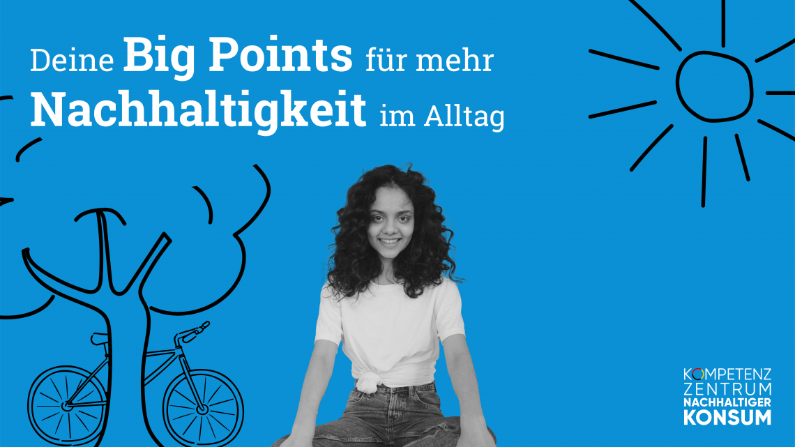 Thumbnail für Erklärvideo mit junger Frau im Mittelpunkt, rechts gezeichnete Sonne, links Baum und Fahrrad