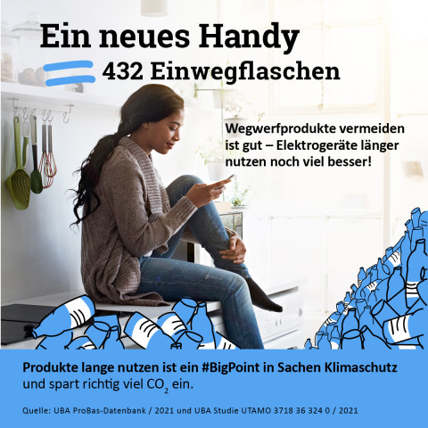 Das Bild zeigt eine junge Frau mit einem Handy, umringt von Plastikflaschen. Dazu der Text: "Ein neues Handy ist wie 432 Einwegflaschen. Wegwerfprodukte vermeiden ist gut - Elektrogeräte länger nutzen noch viel besser!"
