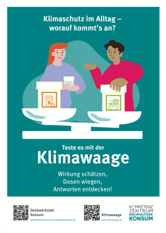 Plakat Klimawaage - zwei Menschen hinter einer Waage mit zwei Schalen